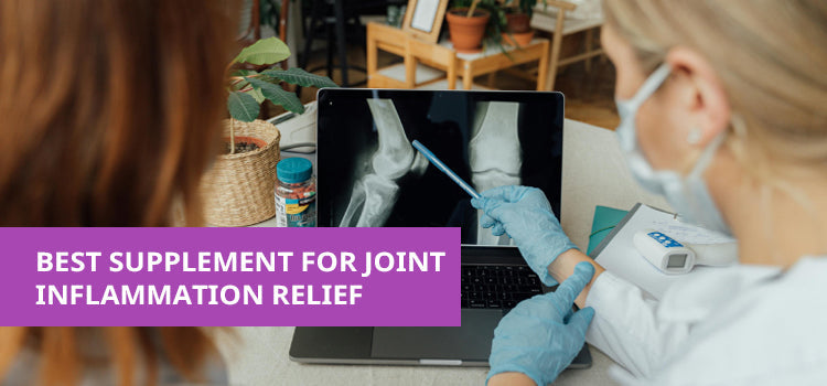 Doctor showing knee joint x-ray on laptop with joint inflammation supplement nearby