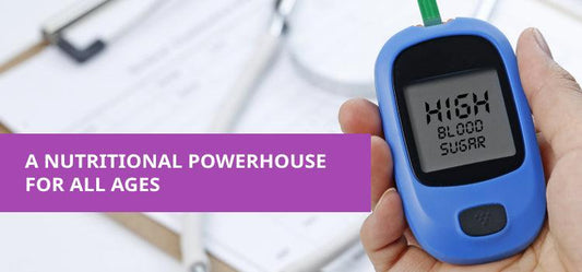 Hand holding a blue blood glucose meter reading high blood sugar, with wellness text overlay.