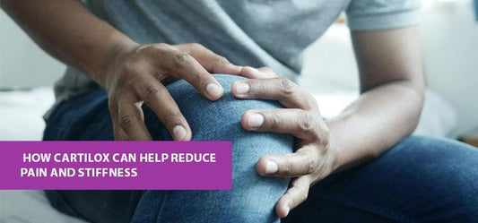 Person holding knee in pain, promoting Cartilox supplement for joint relief from Phlox.